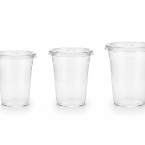 12 oz, 14 oz, and 16 oz transparent plastic cups with clear flat lids