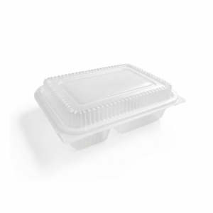 Brightened three-compartment lunch box with pure white background