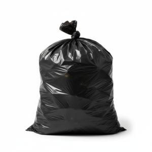 Completely opaque black garbage bag filled and tied