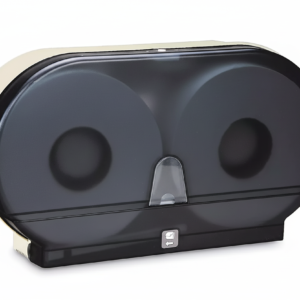 Double jumbo toilet roll dispenser with empty transparent window