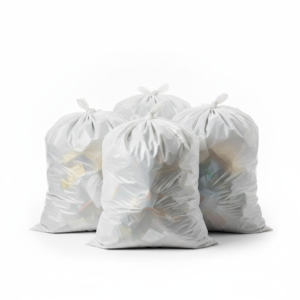 Filled white garbage bags without black ribbons