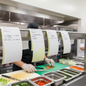 Kitchen order tickets in restaurant kitchen