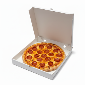 Plain white pizza box with pepperoni pizza