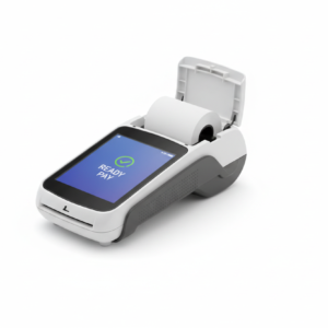 Receipt paper being loaded horizontally into touchscreen credit card terminal
