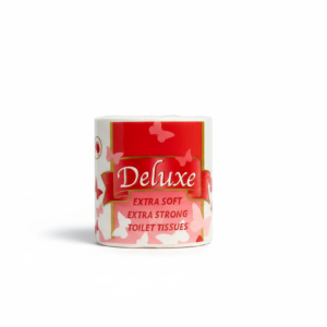 Single Deluxe toilet tissue roll with white background
