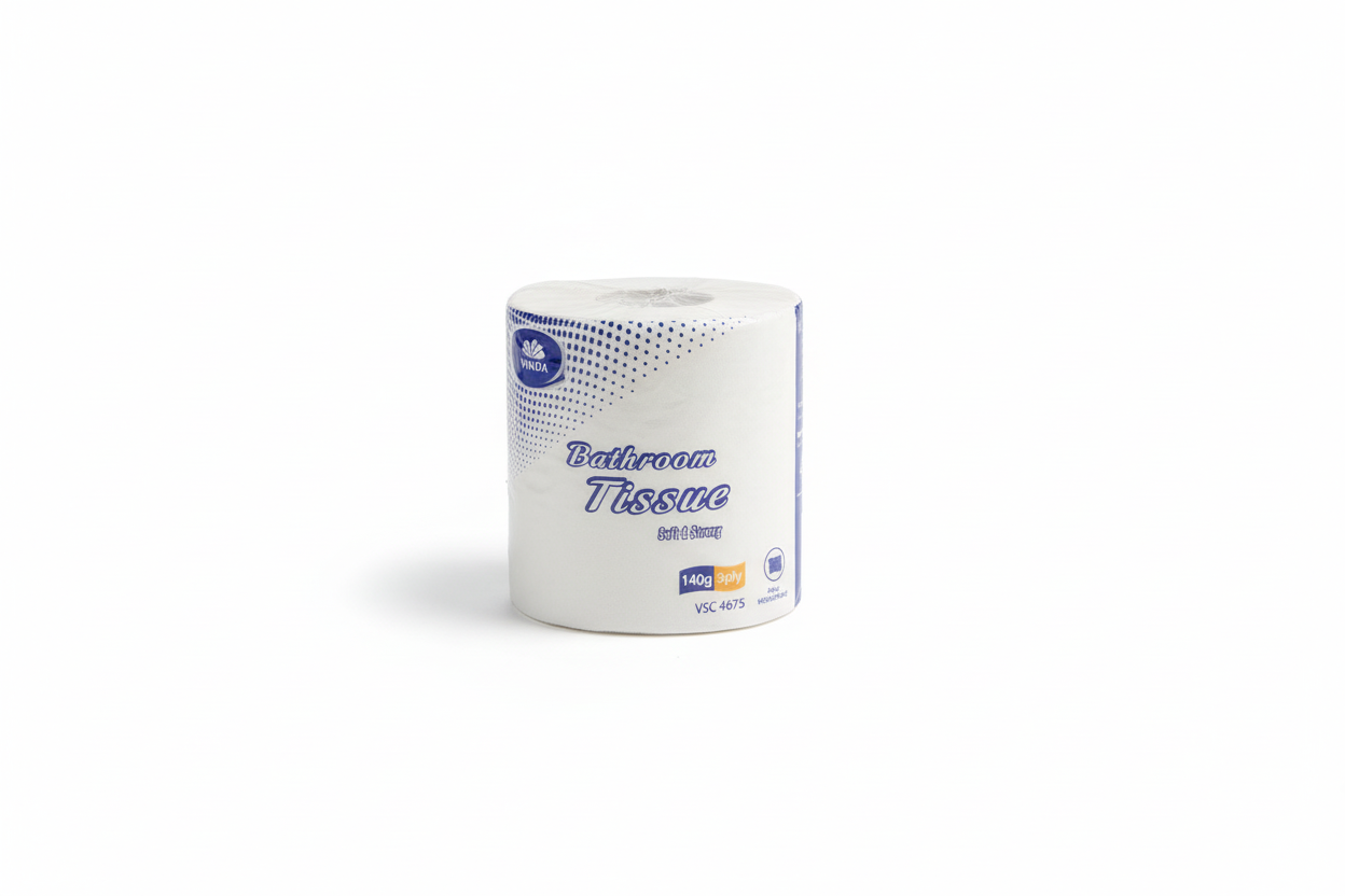Single Vinda bathroom tissue roll with ECOSE white background