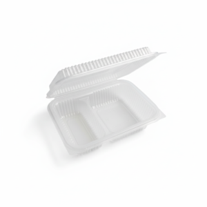 Three-compartment lunch box with pure white background